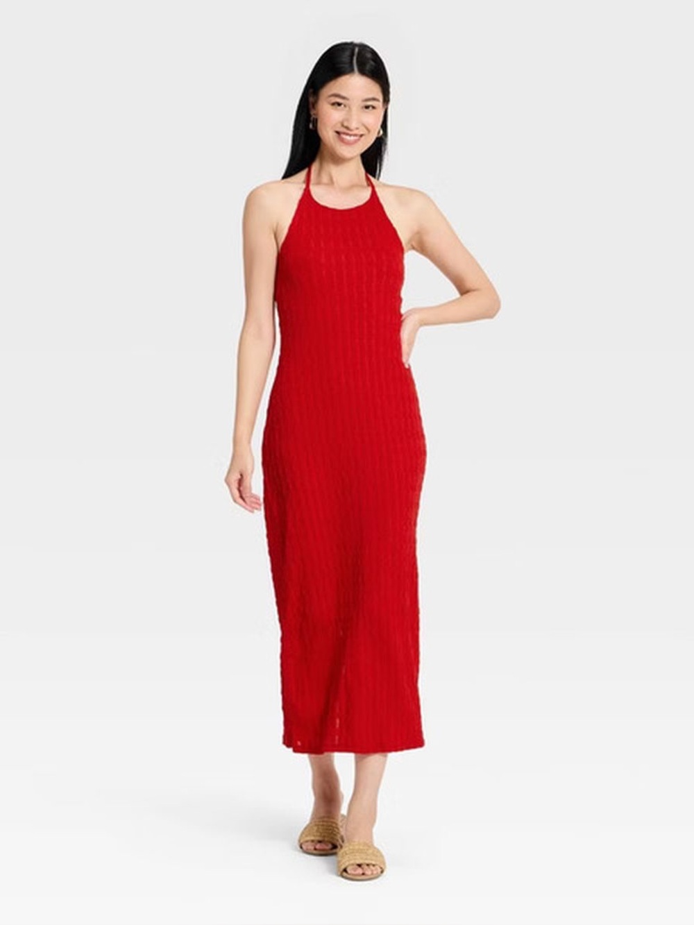 A New Day Textured Knit Maxi Bodycon Halter Dress - Red Small